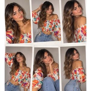 Iky & Me Women's Blouse L Multicolor Floral Off Shoulder Puff Sleeve (6-b73)